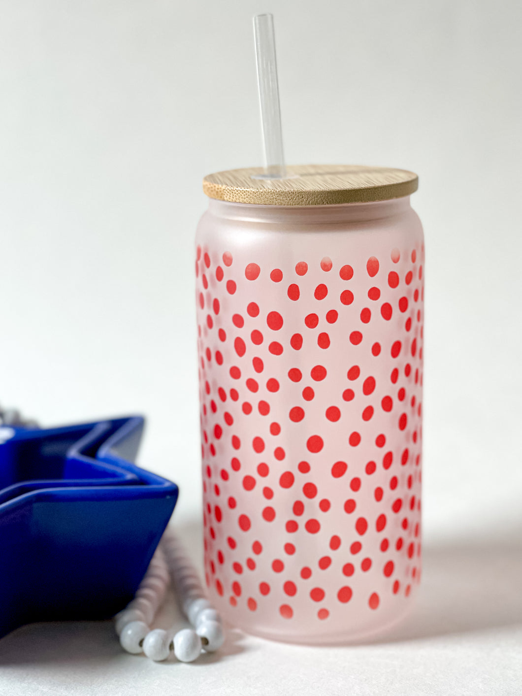 Frosted Can Glass 16oz-Red Polkadots