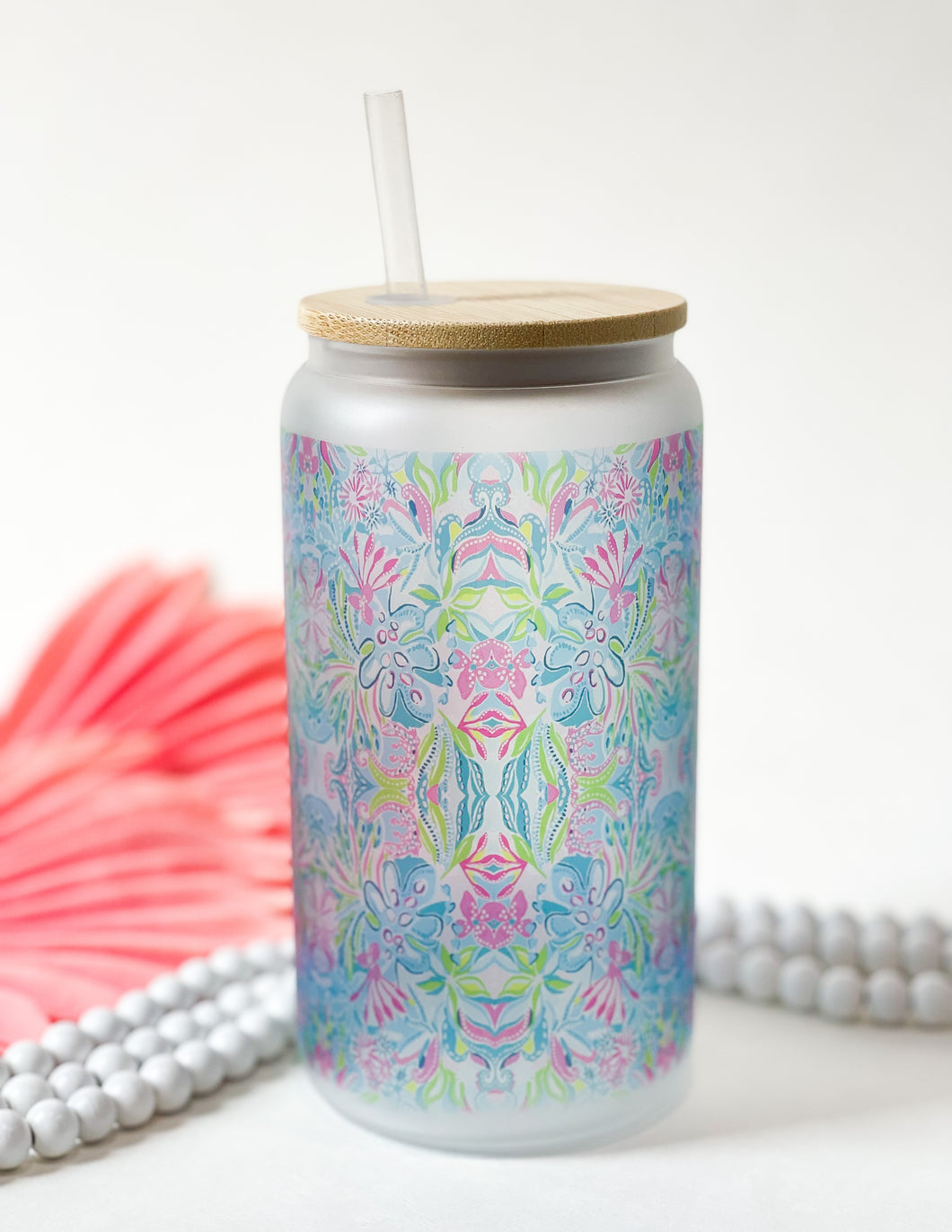 Frosted Can Glass 16oz- Tropical Print