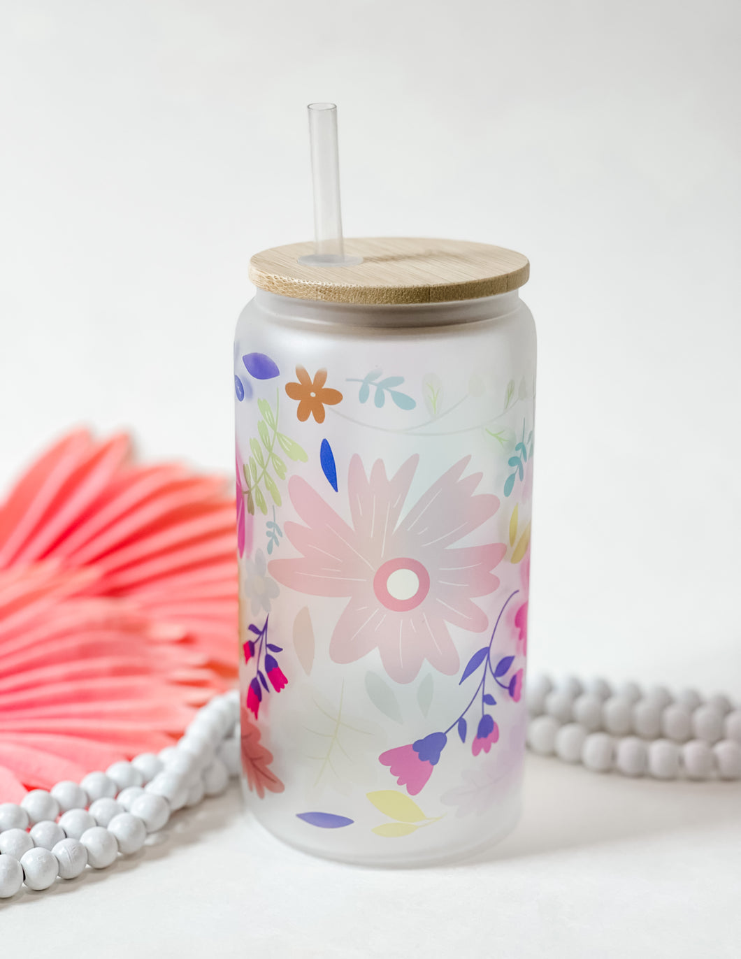 Frosted Can Glass 16oz- Summer Floral