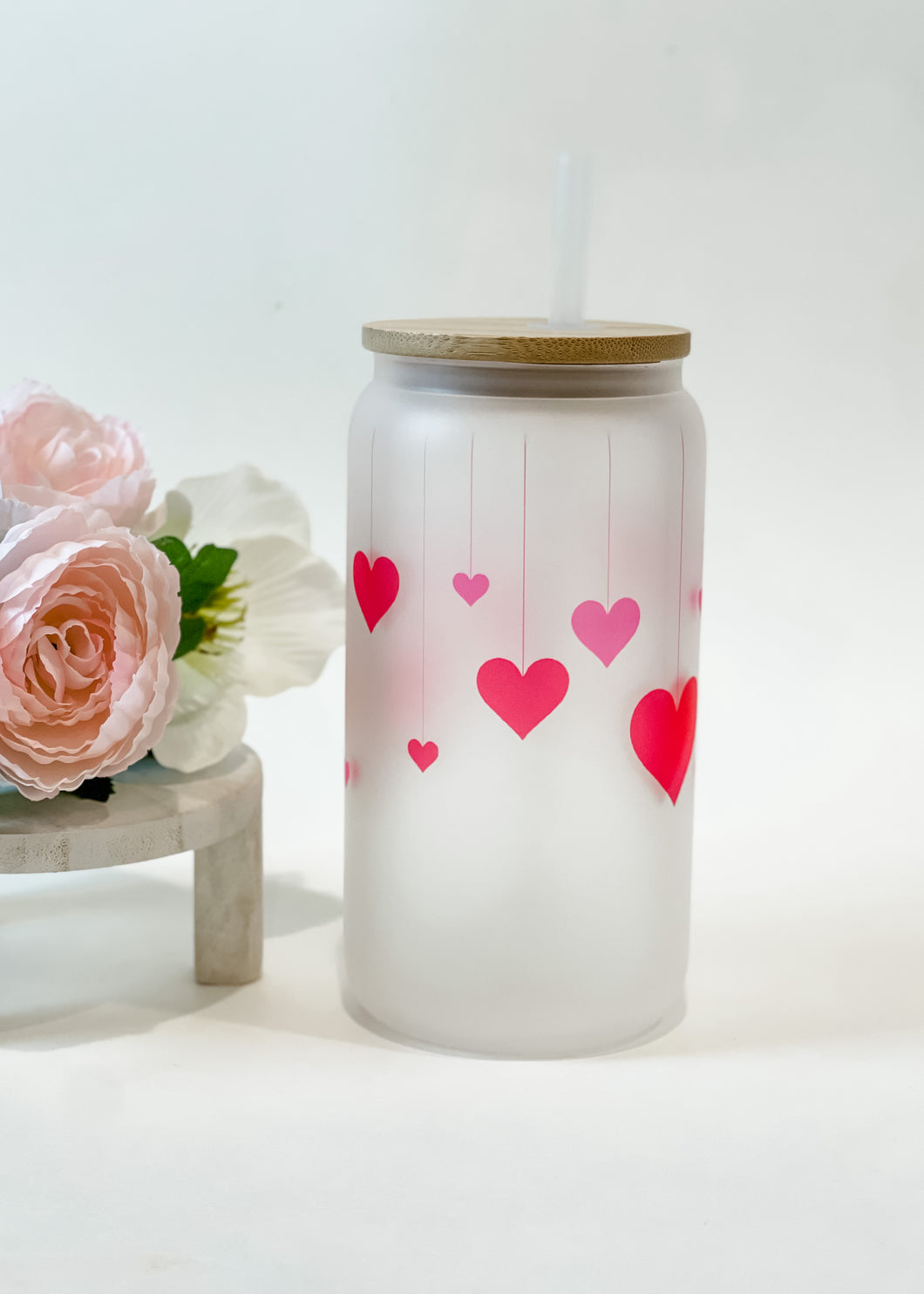 Frosted Can Glass 16oz- Hanging Heart
