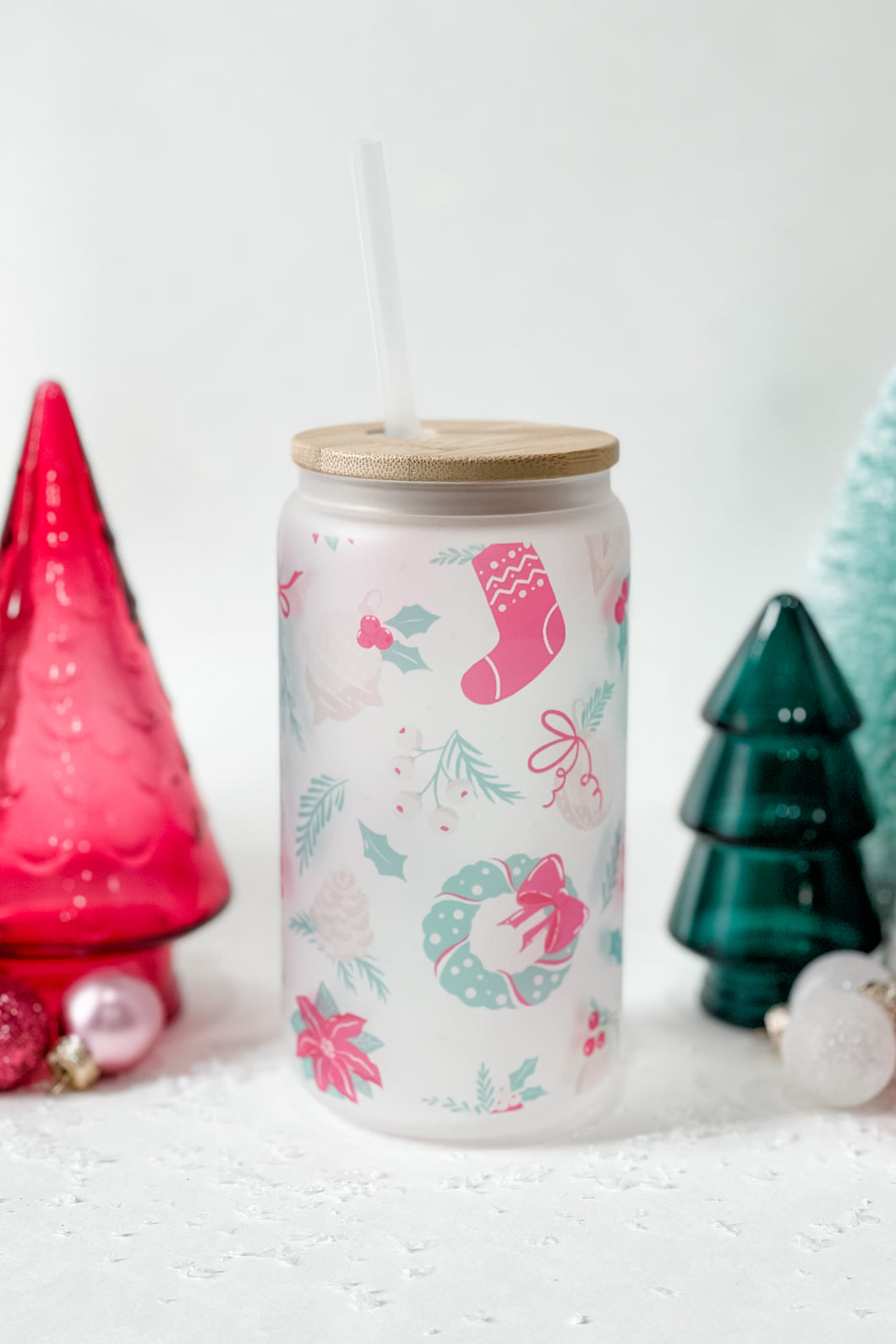Frosted Can Glass 16oz- Winter Holiday Print
